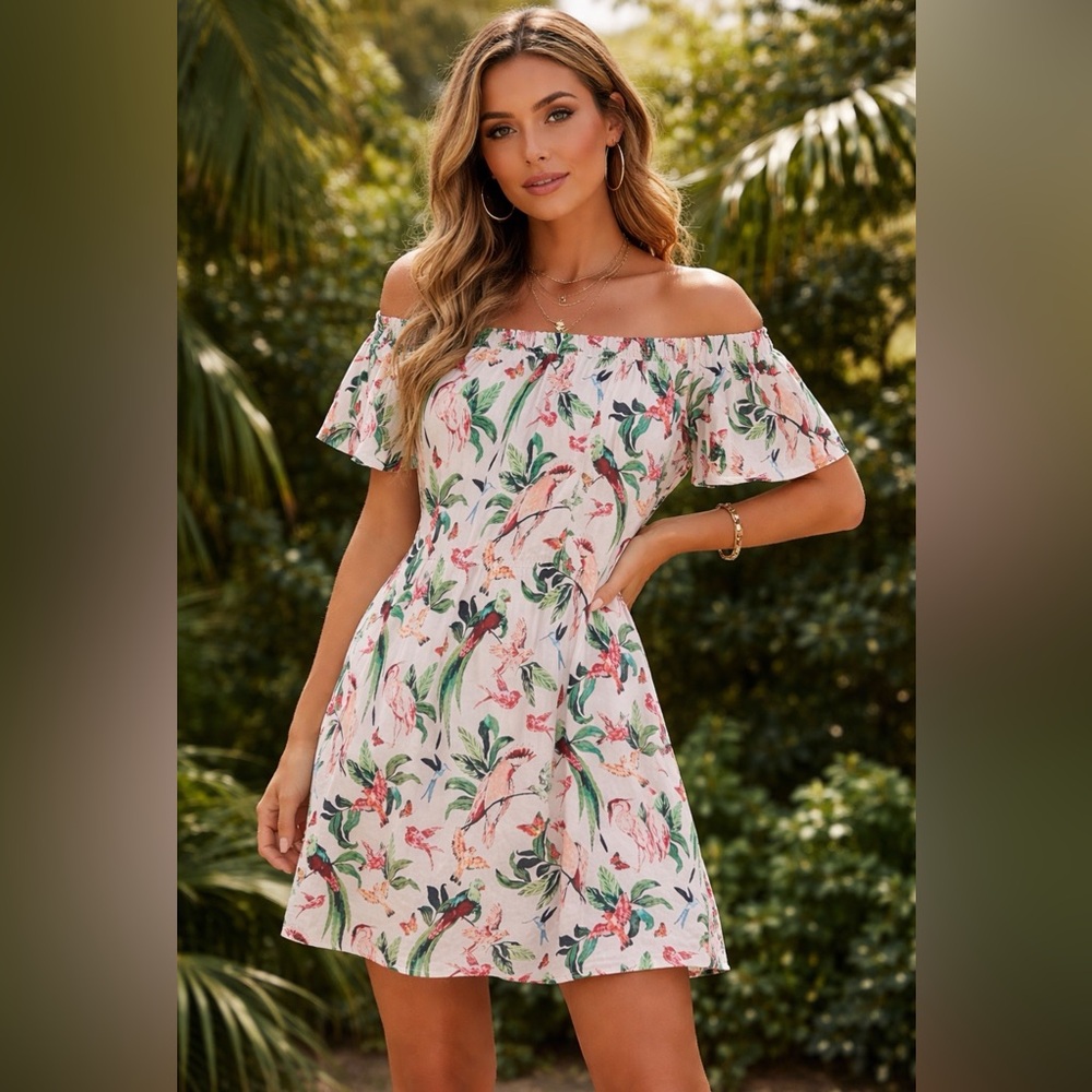 Ann Taylor Factory On/Off Shoulder Tropical Bird Butterfly print Dress Size S